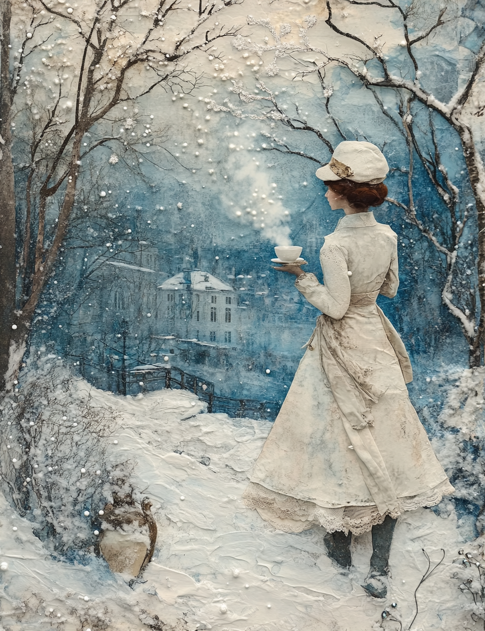 Woman in a snowy landscape holding a cup, with a cat beside her