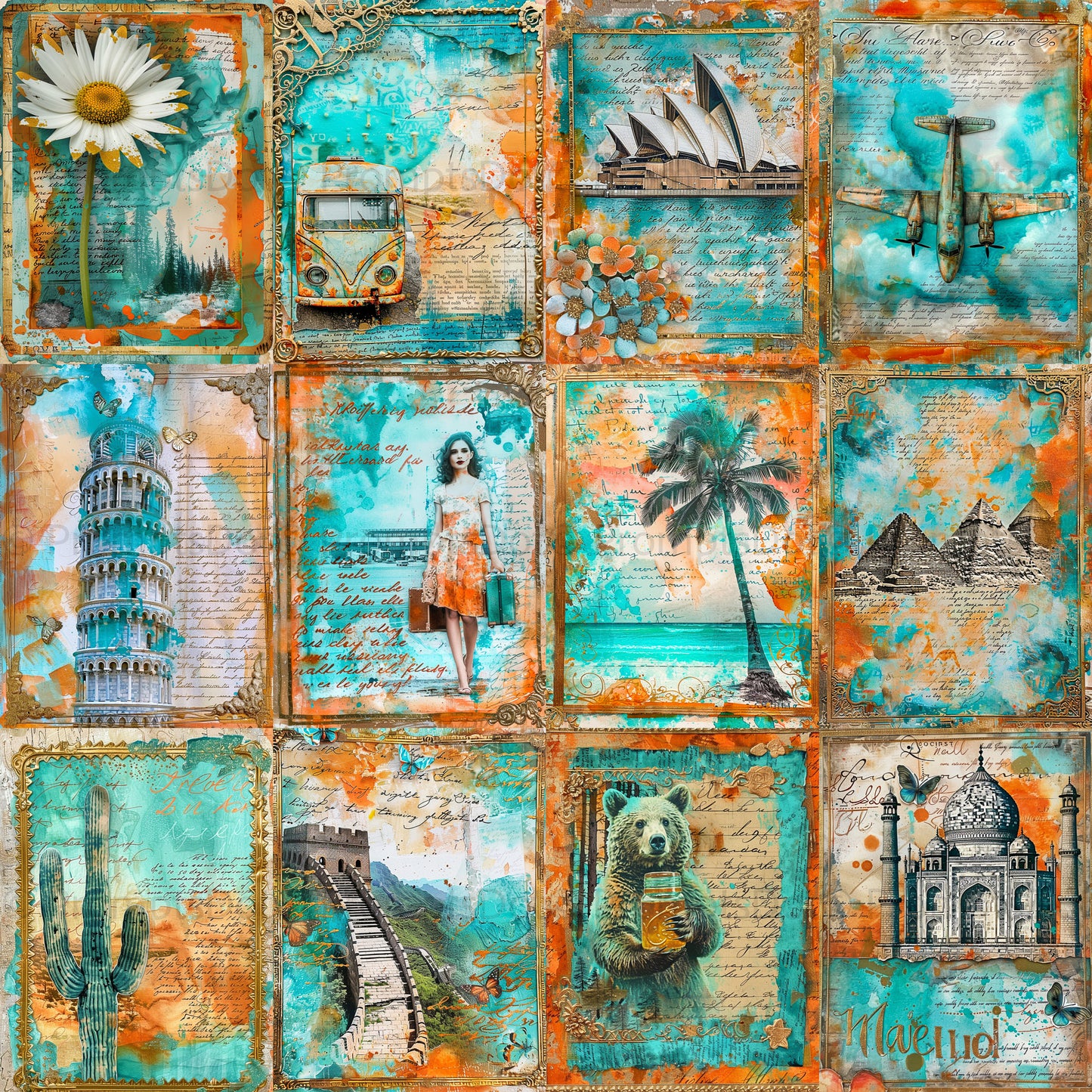 grid Midjourney Prompts For Travel Landscapes Junk Journal Pages