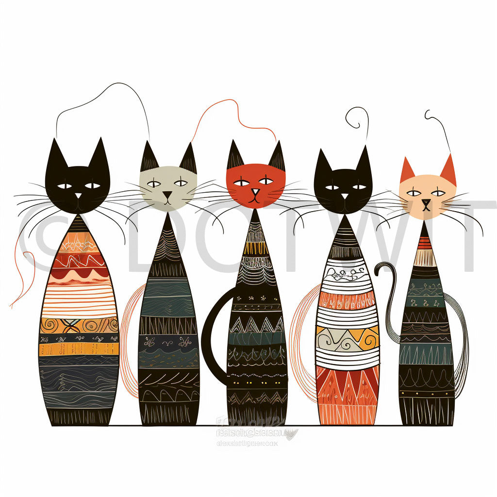 a row of cats Tshirts Designs Travel Cute Animals Digital Art and Midjourney Prompt