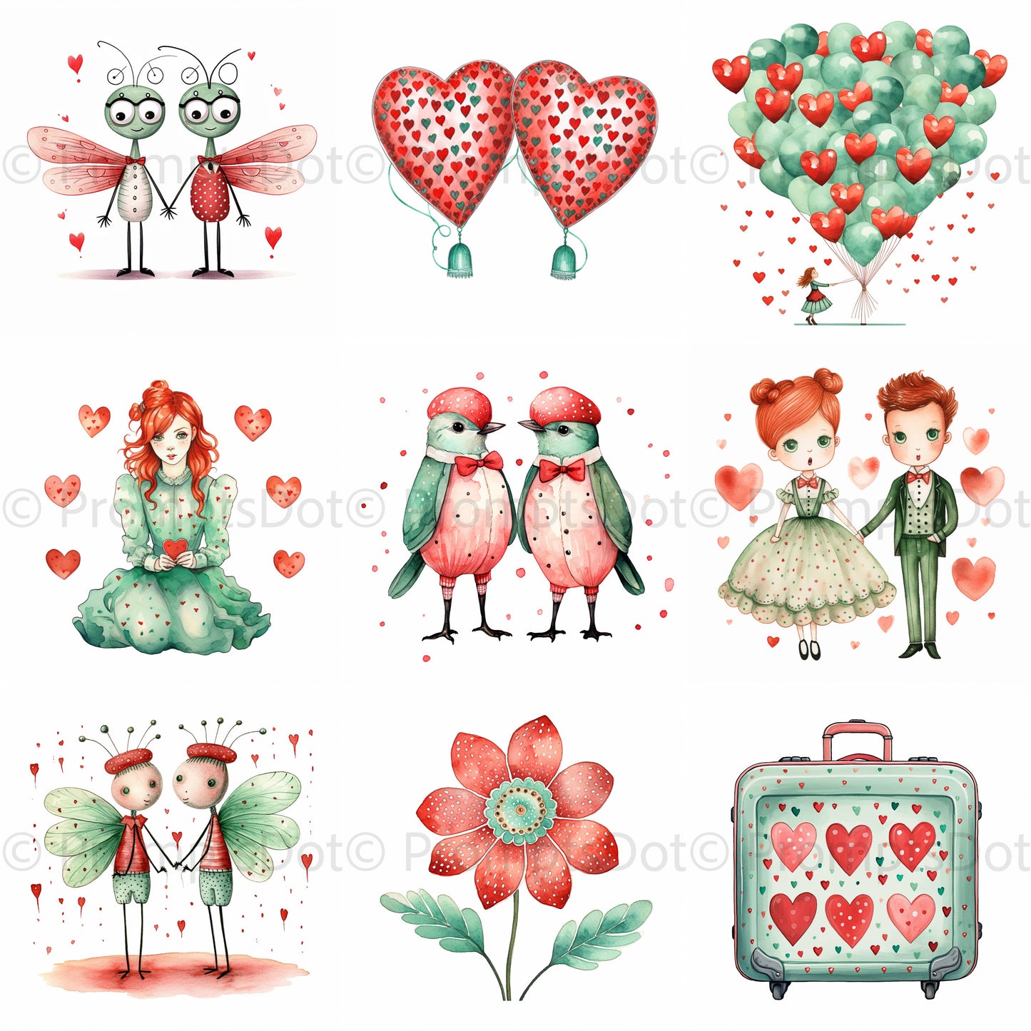 Valentines Day Watercolor Couples Hearts Midjourney Prompt Commercial Use