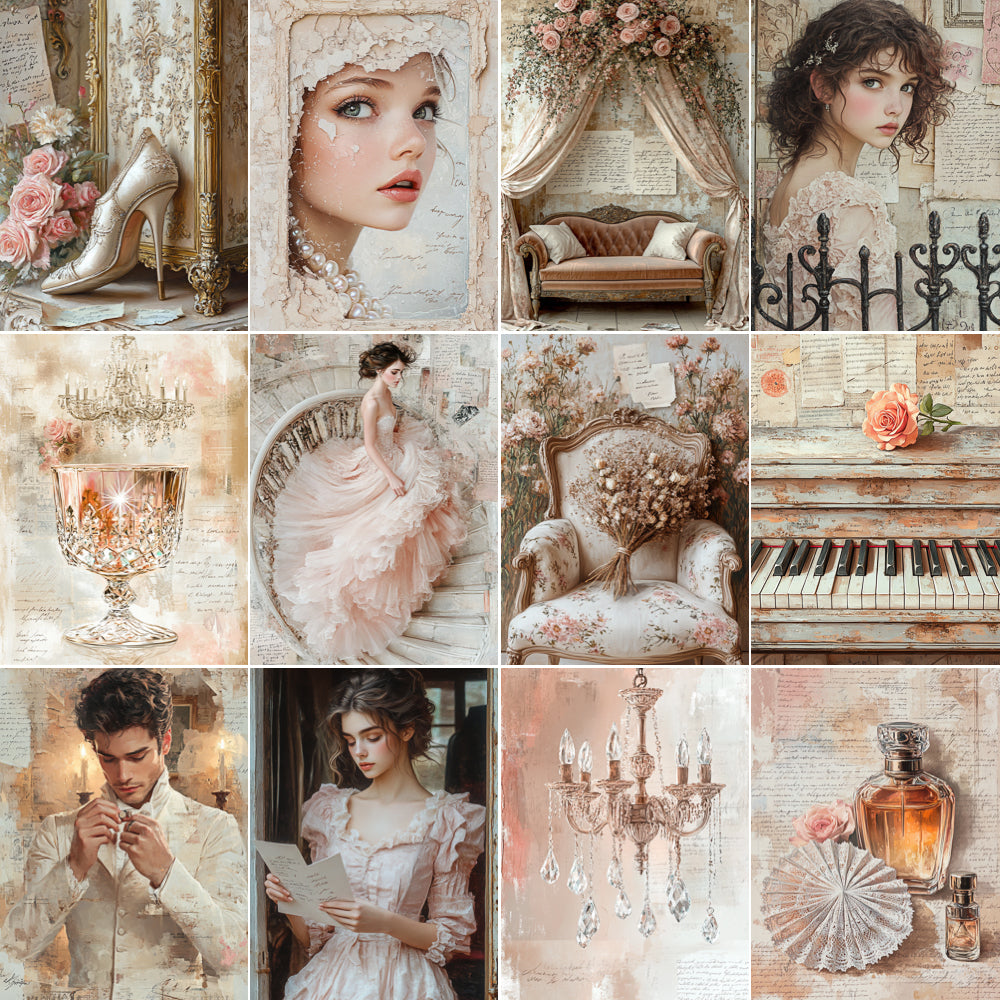 Collage of vintage-style images including a high heel, elegant dresses, a chandelier, and a piano.