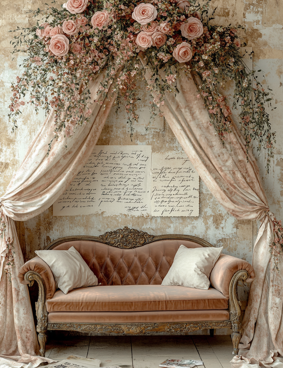 Vintage-style sofa with floral canopy and decorative wall text in a rustic setting