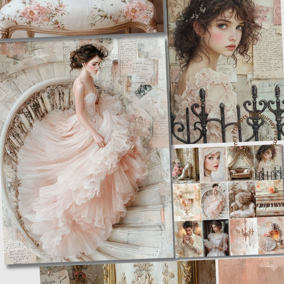 Collage of a woman in a pink dress with vintage elements and a floral chair.