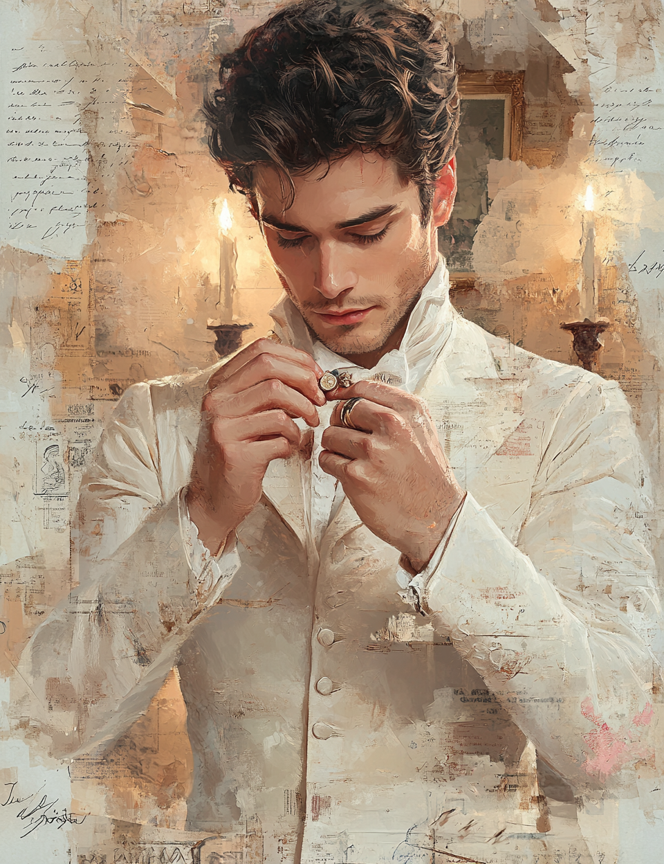 Man adjusting his tie against a textured, vintage-style background