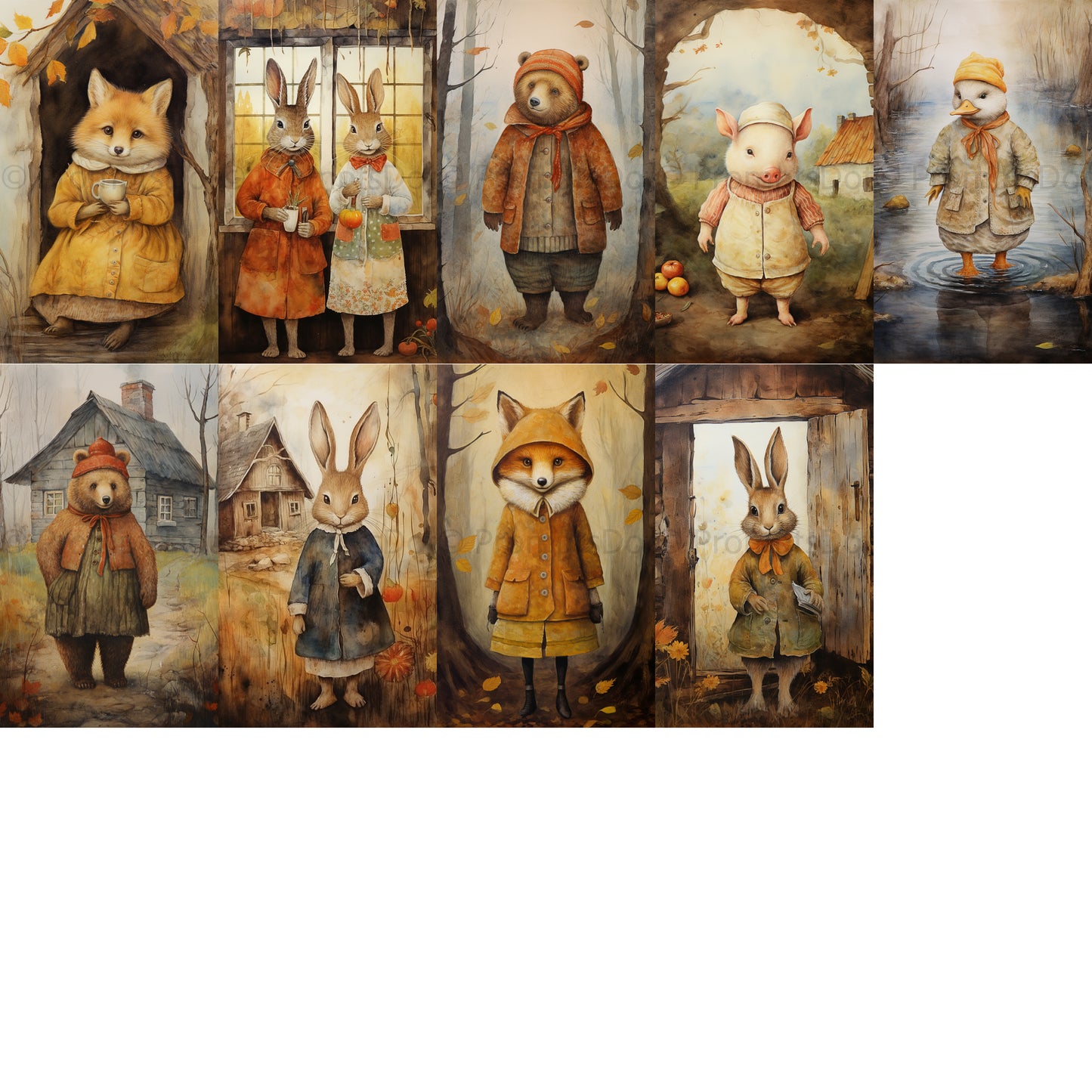 grid of nine Vintage Autumn Cards Fall Postcards Digital Art