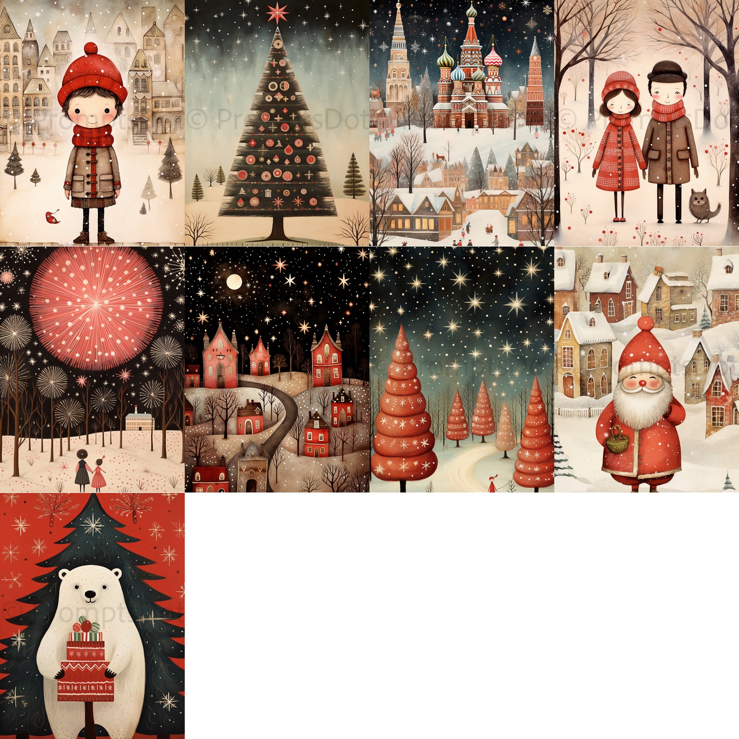 grid of nine Vintage Christmas Postcards Folk Posters Digital Art