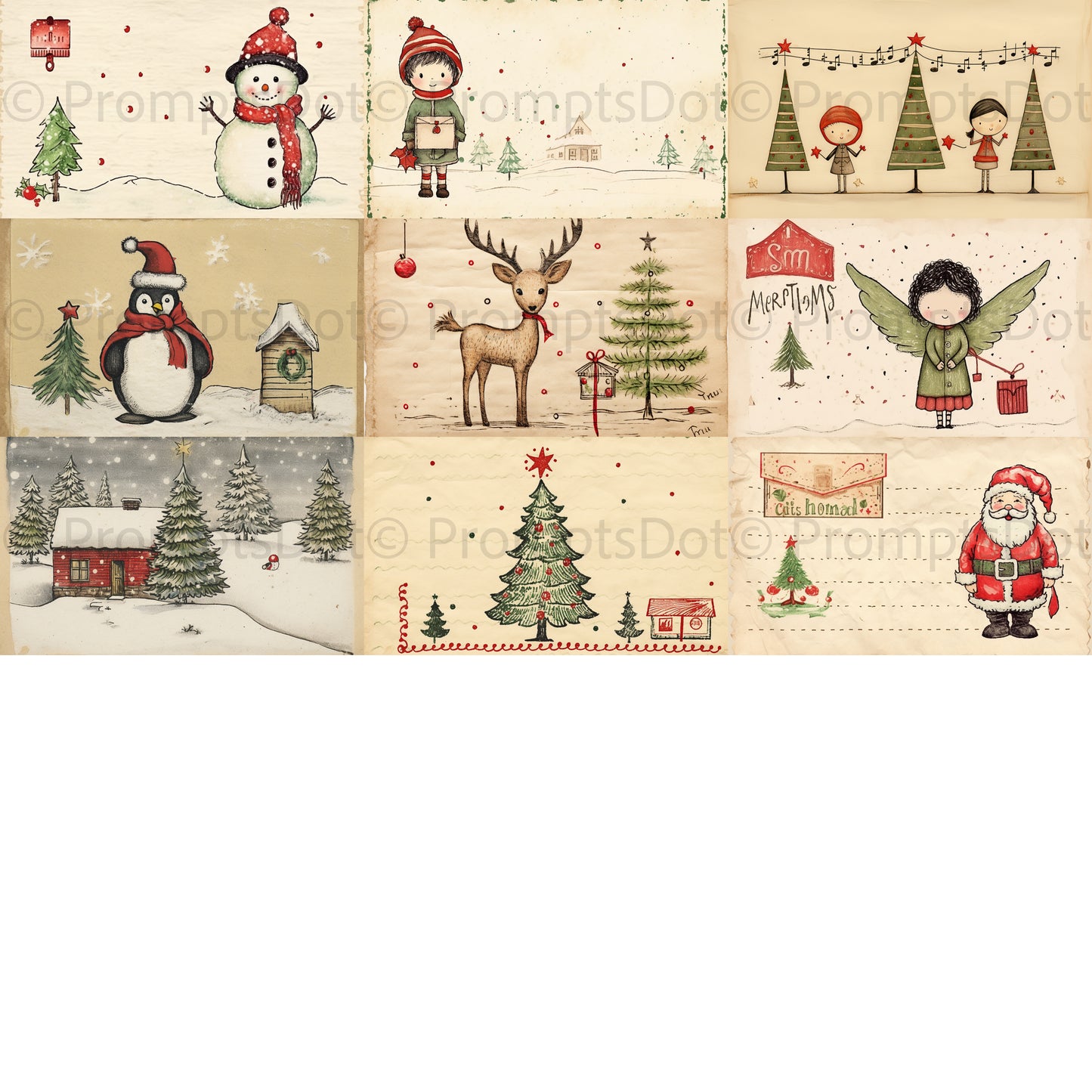 grid of nine Vintage Christmas Postcards Mail Cards Digital Art