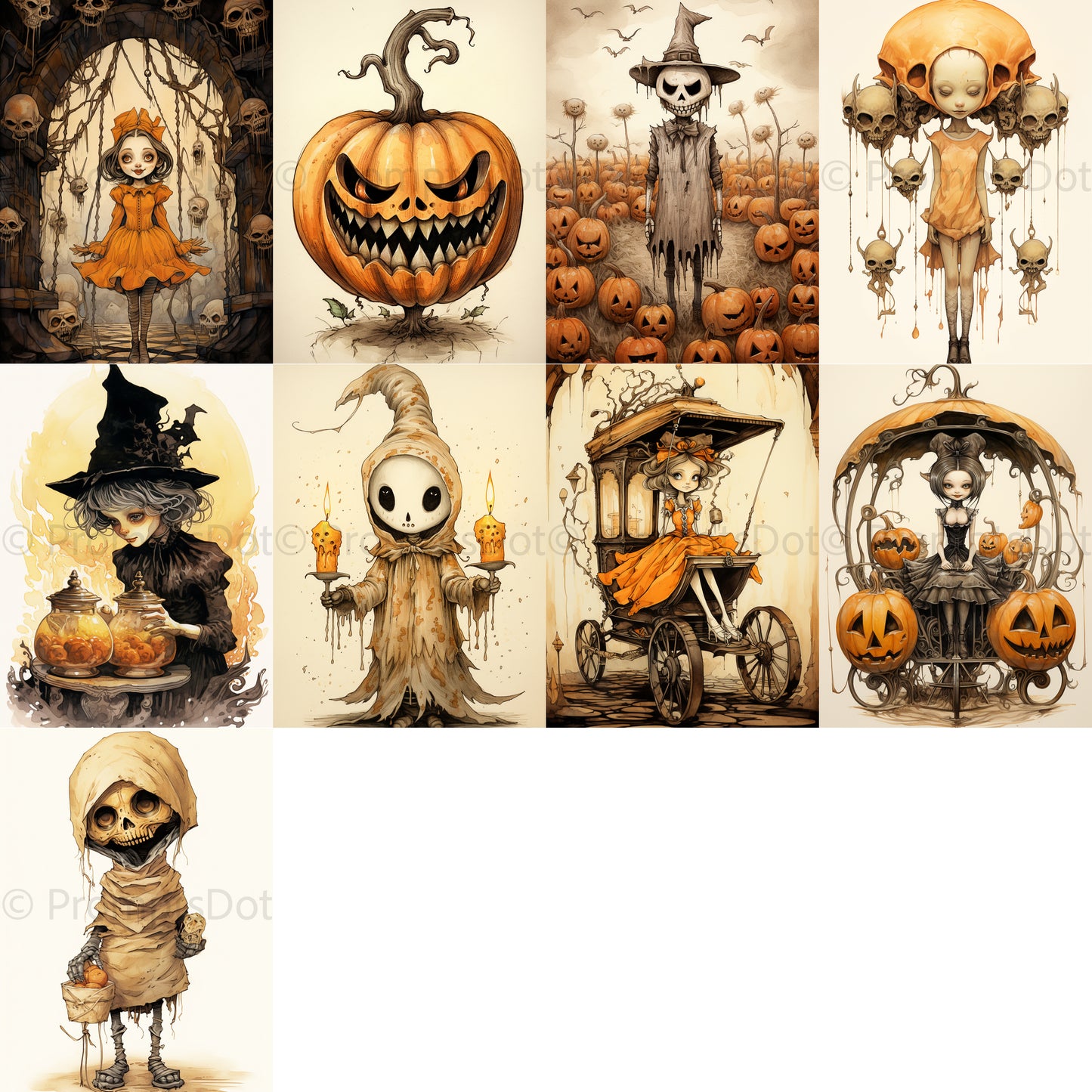 grid of nine Vintage Halloween Postcards Gothic Posters