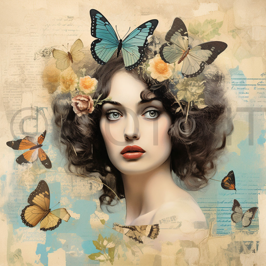 a woman with butterflies Vintage Junk Journal Ephemera Scrapbooks Digital Art and Midjourney Prompt Commercial Use