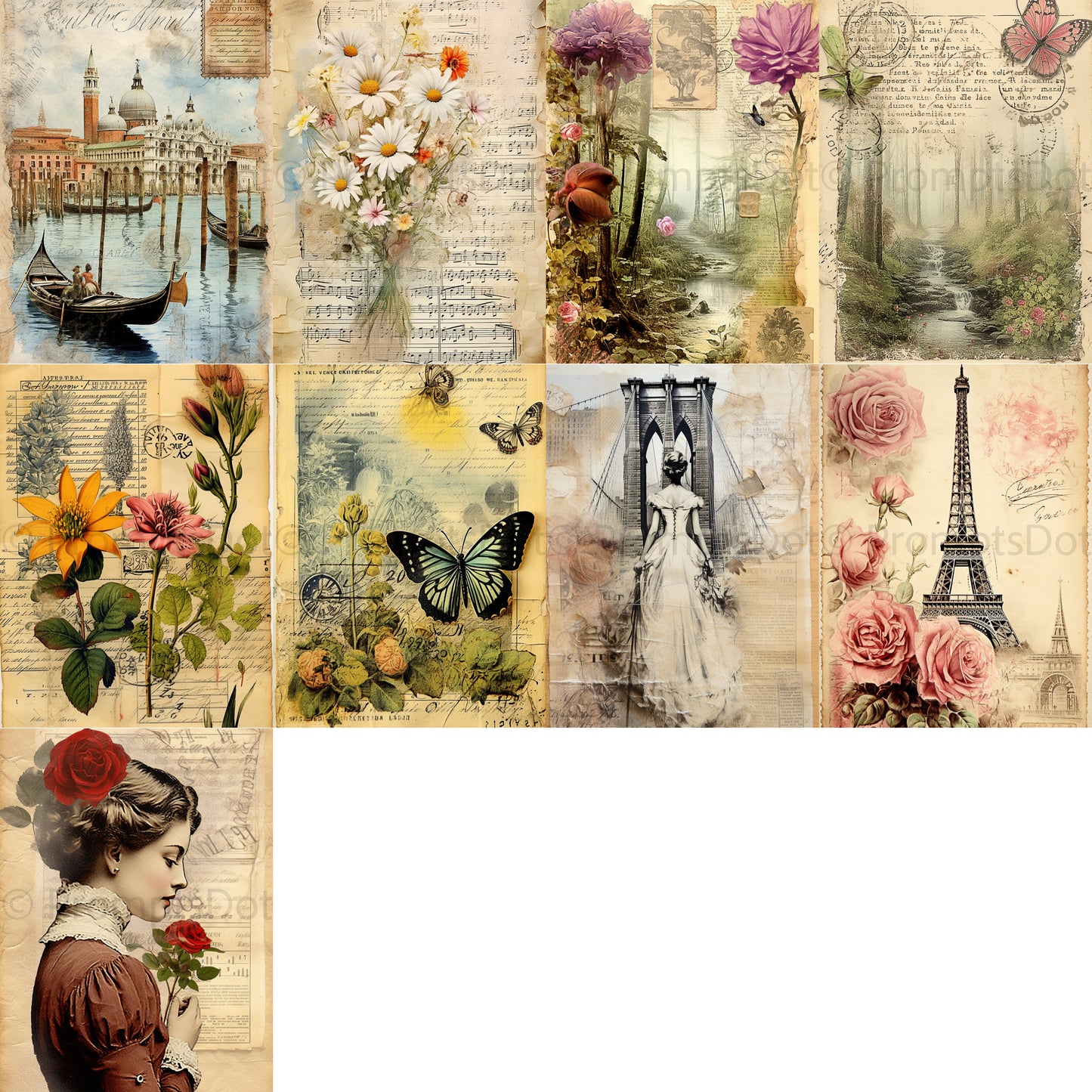 grid of nine Vintage Junk Journal Digital Postcards Posters
