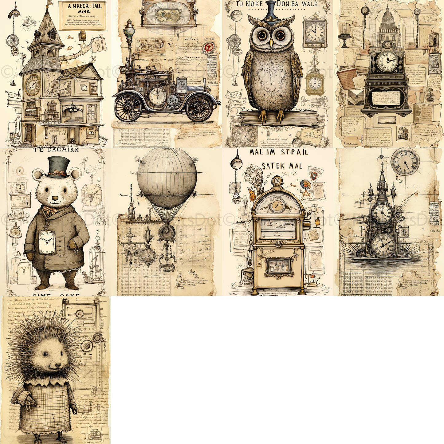 grid of nine Vintage Junk Journal Postcards Digital Art