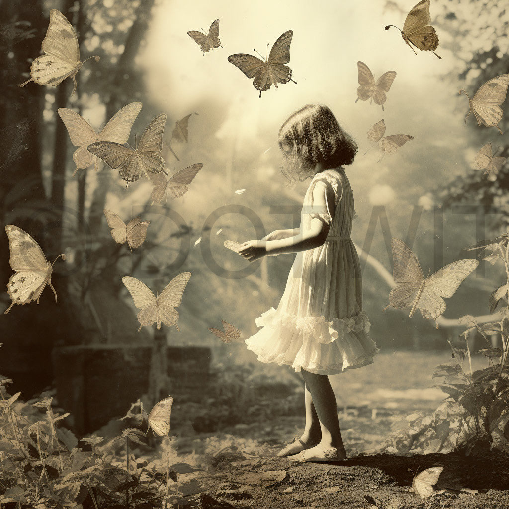 a girl with butterflies Vintage People Junk Journals Digital Ephemera and Midjourney Prompt Commercial Use