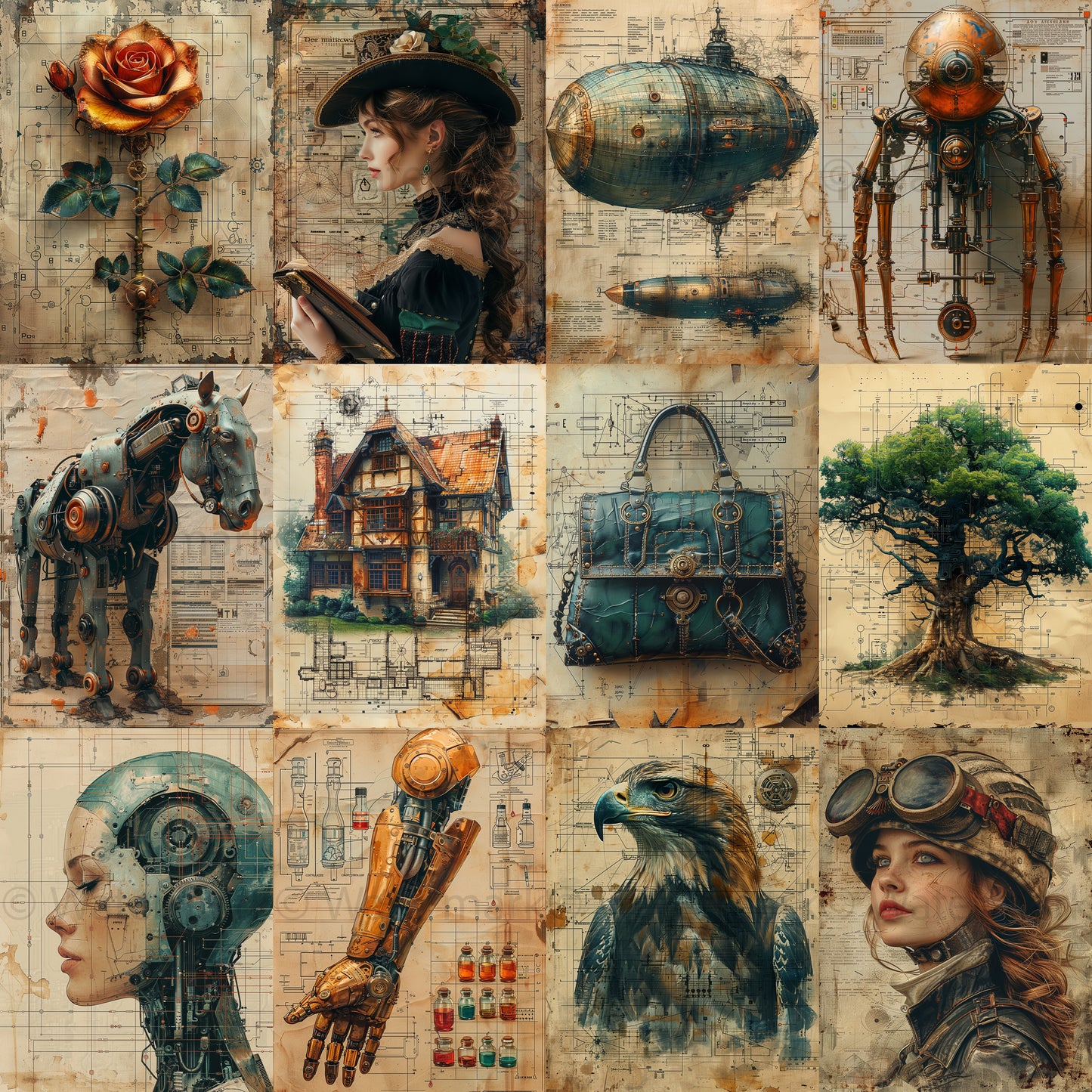 grid Midjourney Guide PDF for Vintage Steampunk Junk Journal Kits