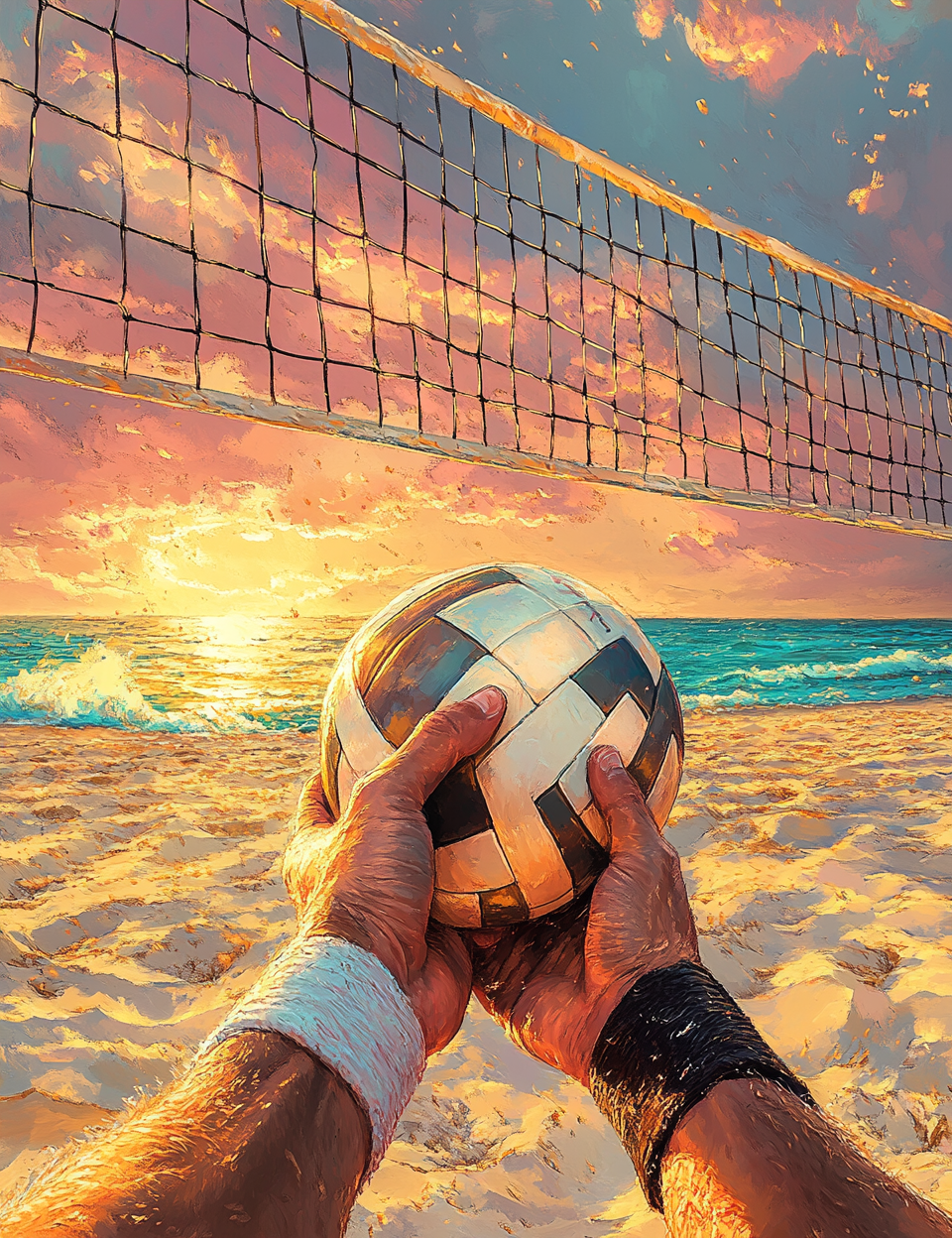 Person holding a volleyball near a beach volleyball net with a sunset in the background