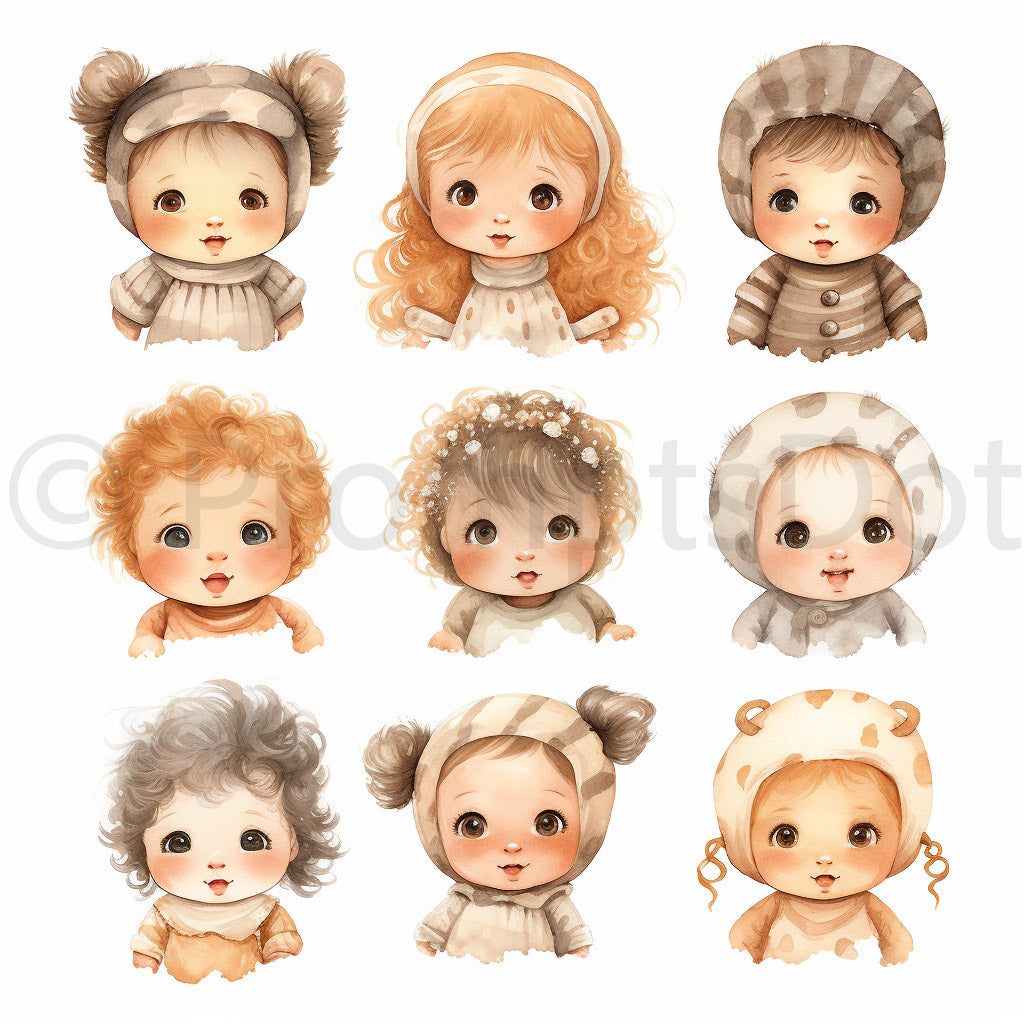 Midjourney Prompt Watercolor Collections Baby Shower Style Commercial Use collection of nine cute babies nursery room