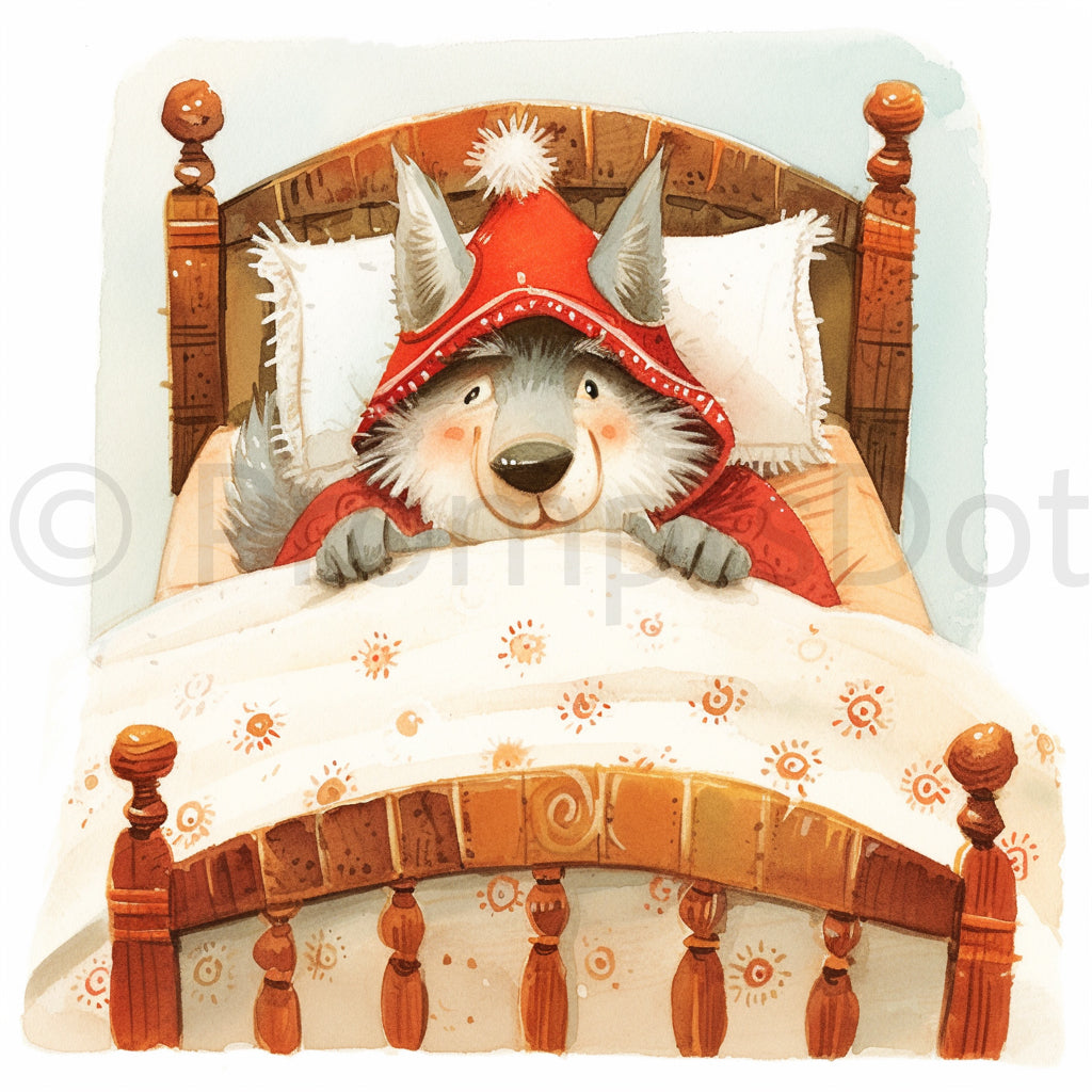 wolf in the bed Watercolor Fairytale Clipart Midjourney Prompts