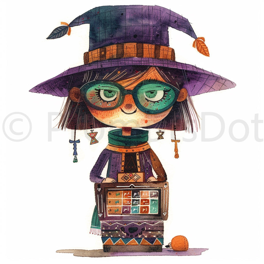 cute witch Moon Watercolor Mystic Clipart