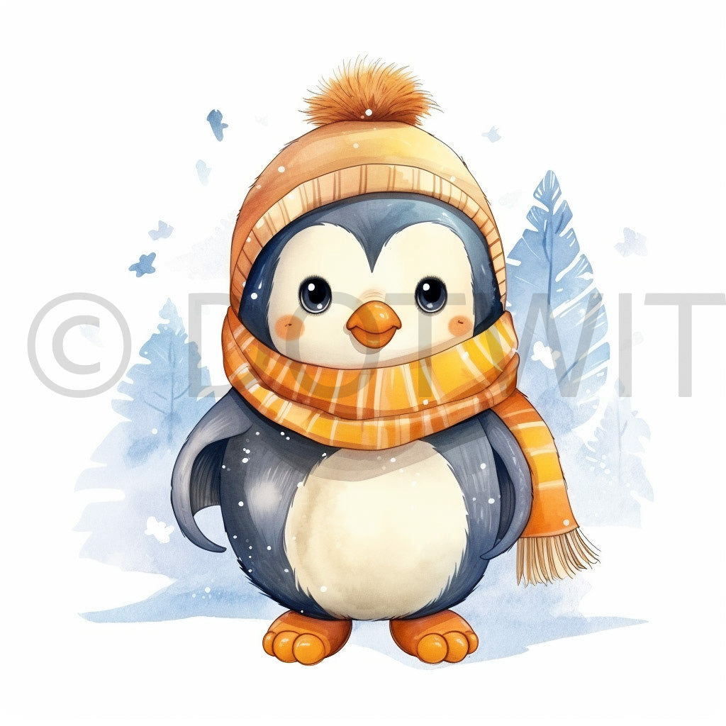 a penguin in winter Winter Watercolor Clipart Digital Art and Midjourney Prompt Commercial Use