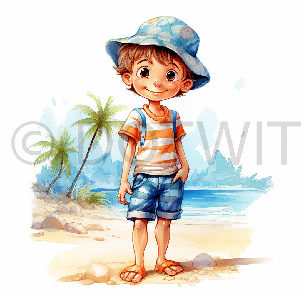 a boy in the beach Beach Watercolor Clipart Summer Digital Drawings and Midjourney Prompt Commercial Use