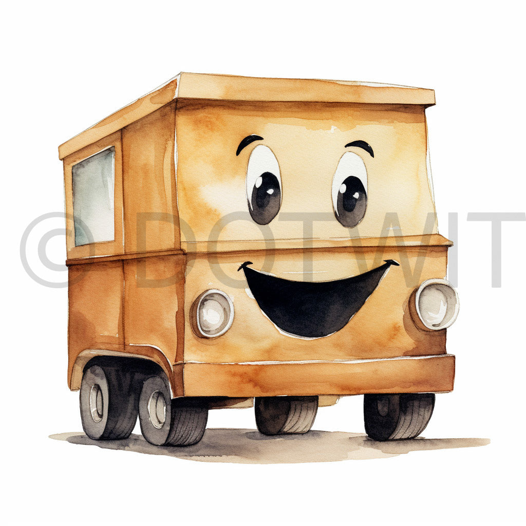 a cardboard truck Funny Digital Cartoon Quirky Watercolor Clipart Midjourney Prompt Commercial Use
