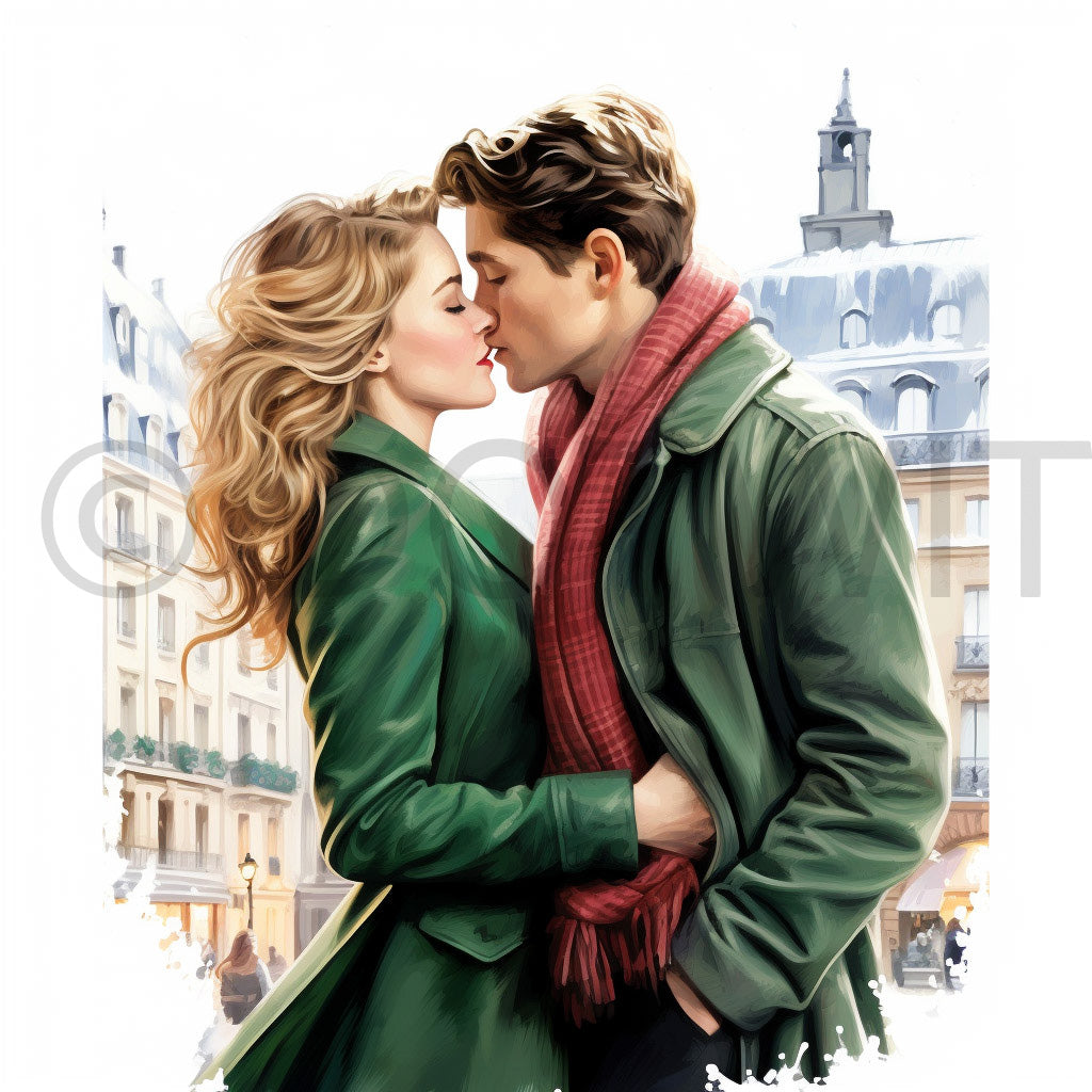 a couple kissing in Paris Christmas Paris Digital Clipart and Midjourney Prompt Commercial Use