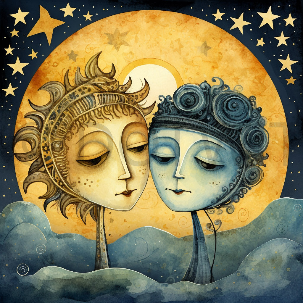 a couple of love Cosmic Vintage Illustrations Starry Art Wall Digital Art and Midjourney Prompt Commercial Use