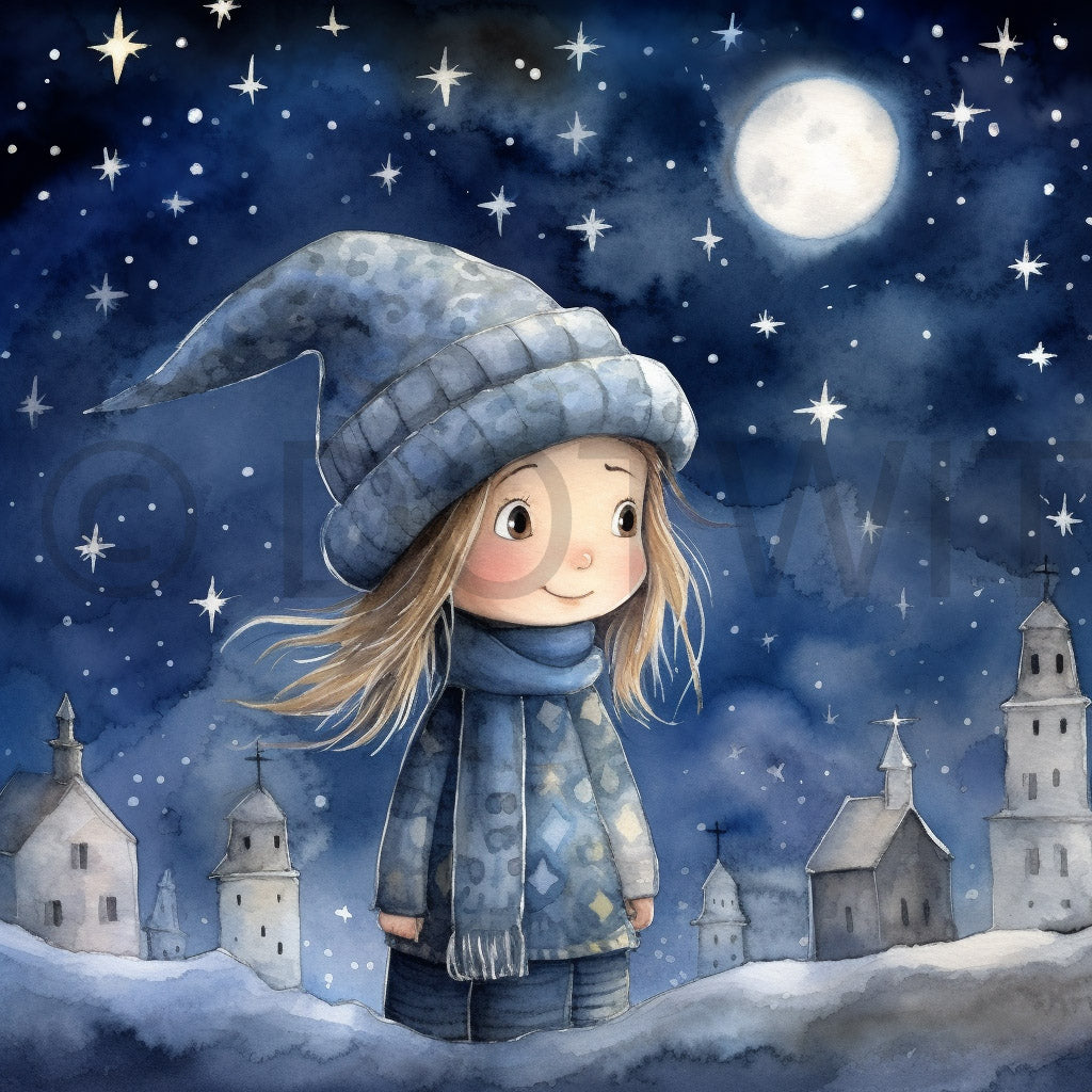 a cute girl Blue Winter Christmas Card Junk Journals Digital Art and Midjourney Prompt Commercial Use