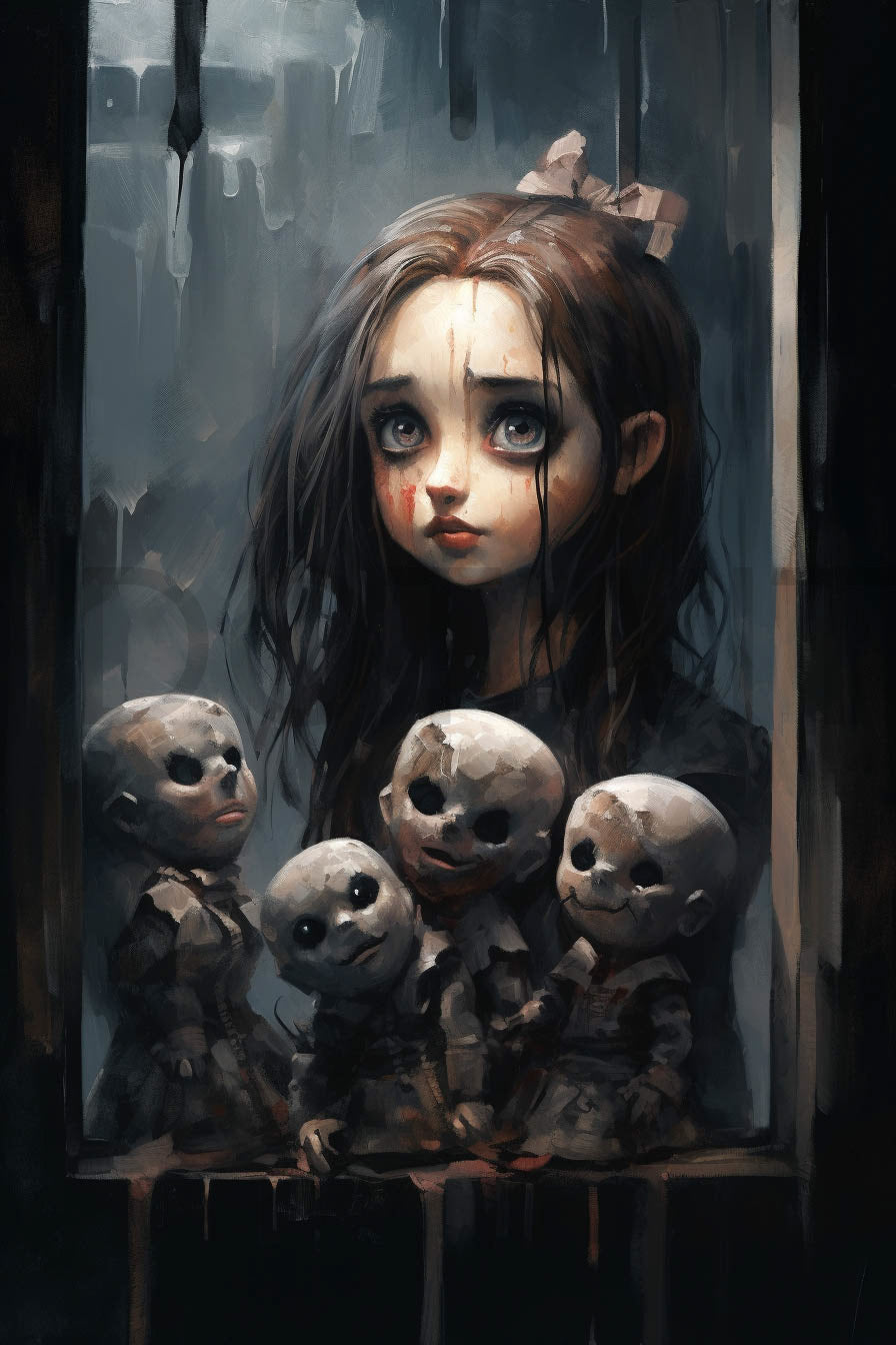 a girl in the window with quirky puppets Gothic Digital Posters Dark Academia Art and Midjourney Prompt Commercial Use