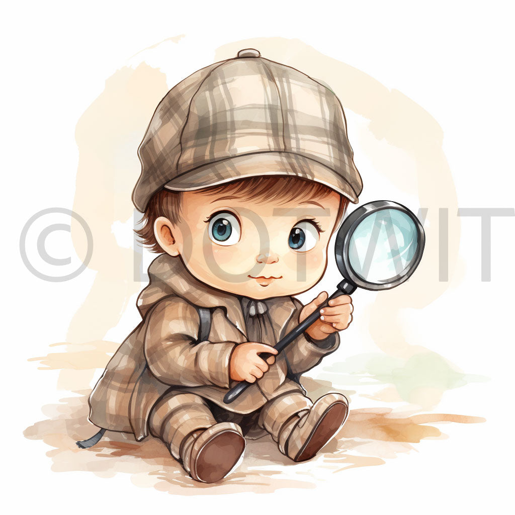 a cute baby detective Detective Watercolor Nursery Digital Art and Midjourney Prompt Commercial Use
