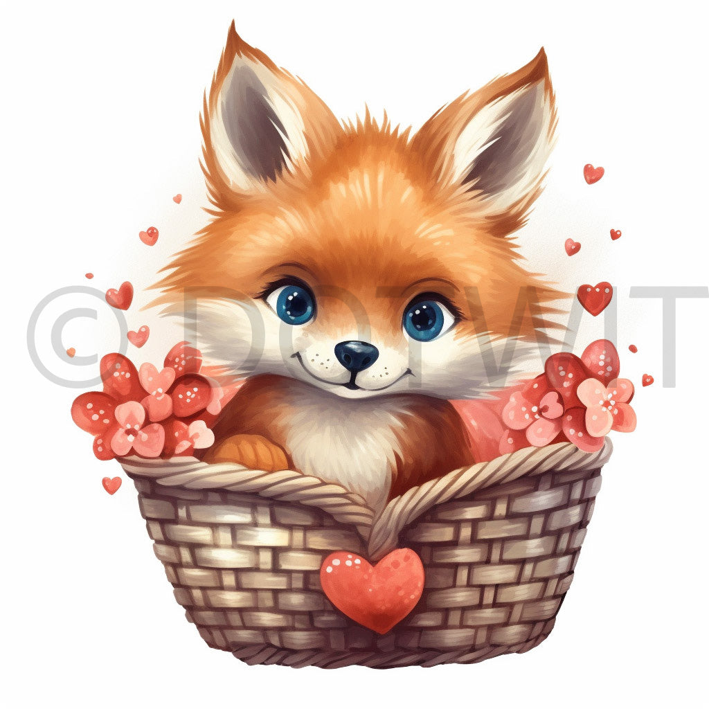 a fox inside a basket valentine's day Floral Basket Animals Watercolor Digital Clipart and Midjourney Prompt Commercial Use