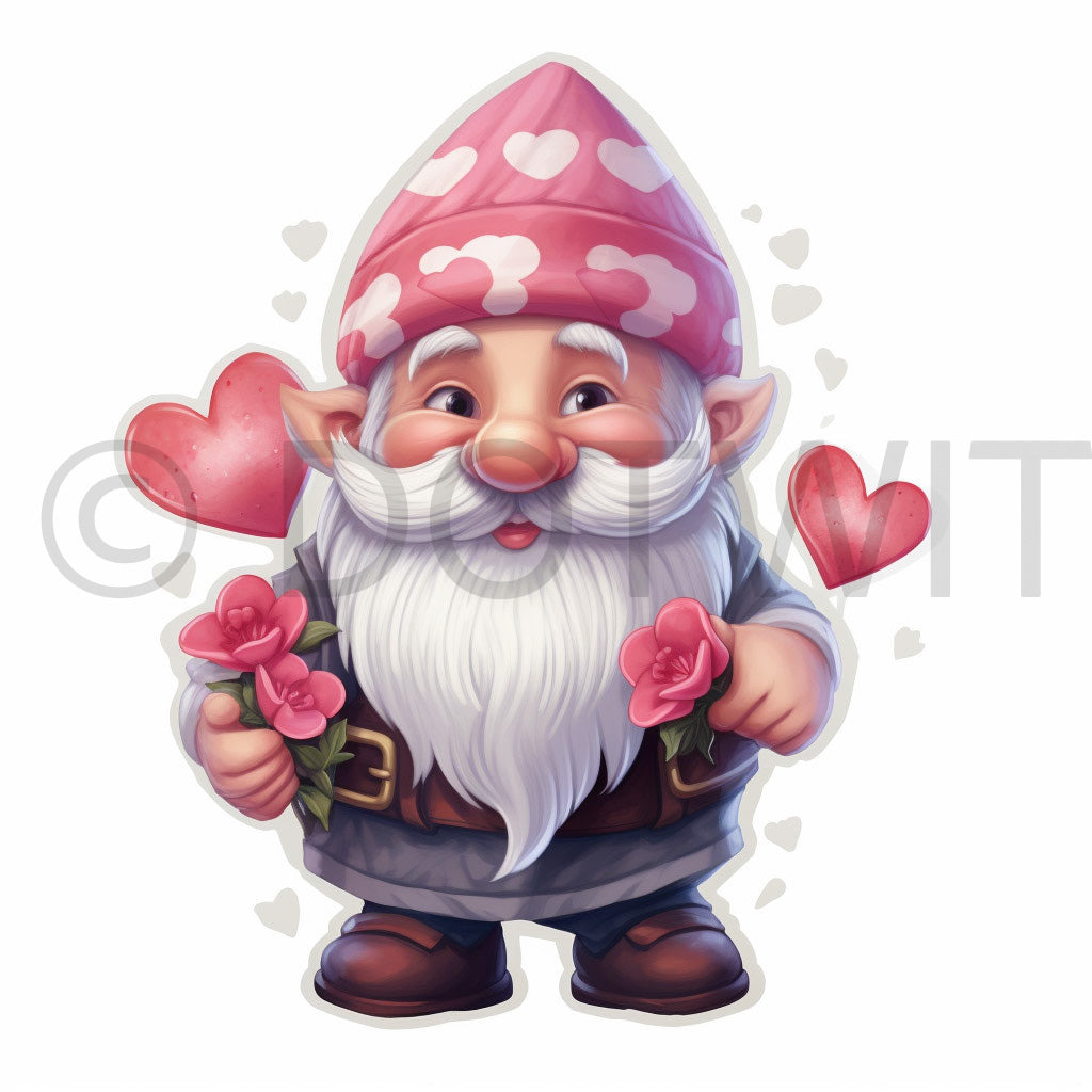 a cute gnome with hearts Valentines Day Stickers Love Watercolors Digital Art and Midjourney Prompt Commercial Use
