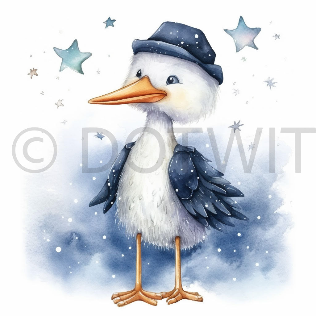 a cute stork Baby Shower Watercolor Nursery Digital Art and Midjourney Prompt Commercial Use