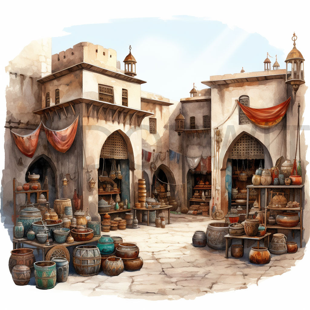 a village Moroccan Art Watercolors Midjourney Prompt