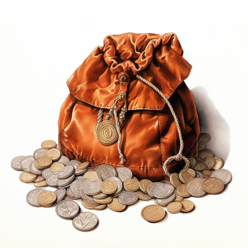 Midjourney Prompt England Historic Watercolors a bag of coins
