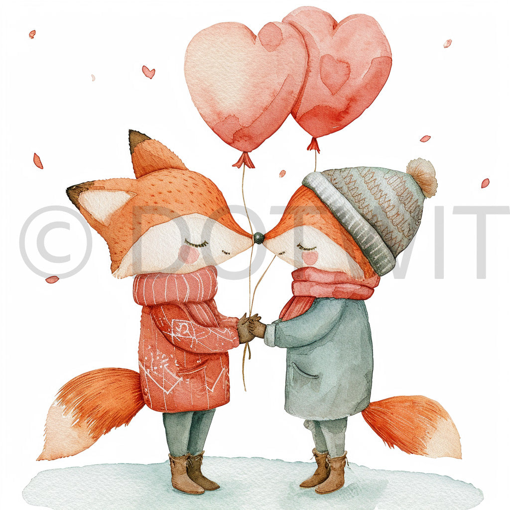 a couple of foxes Valentines Clipart Midjourney Prompt