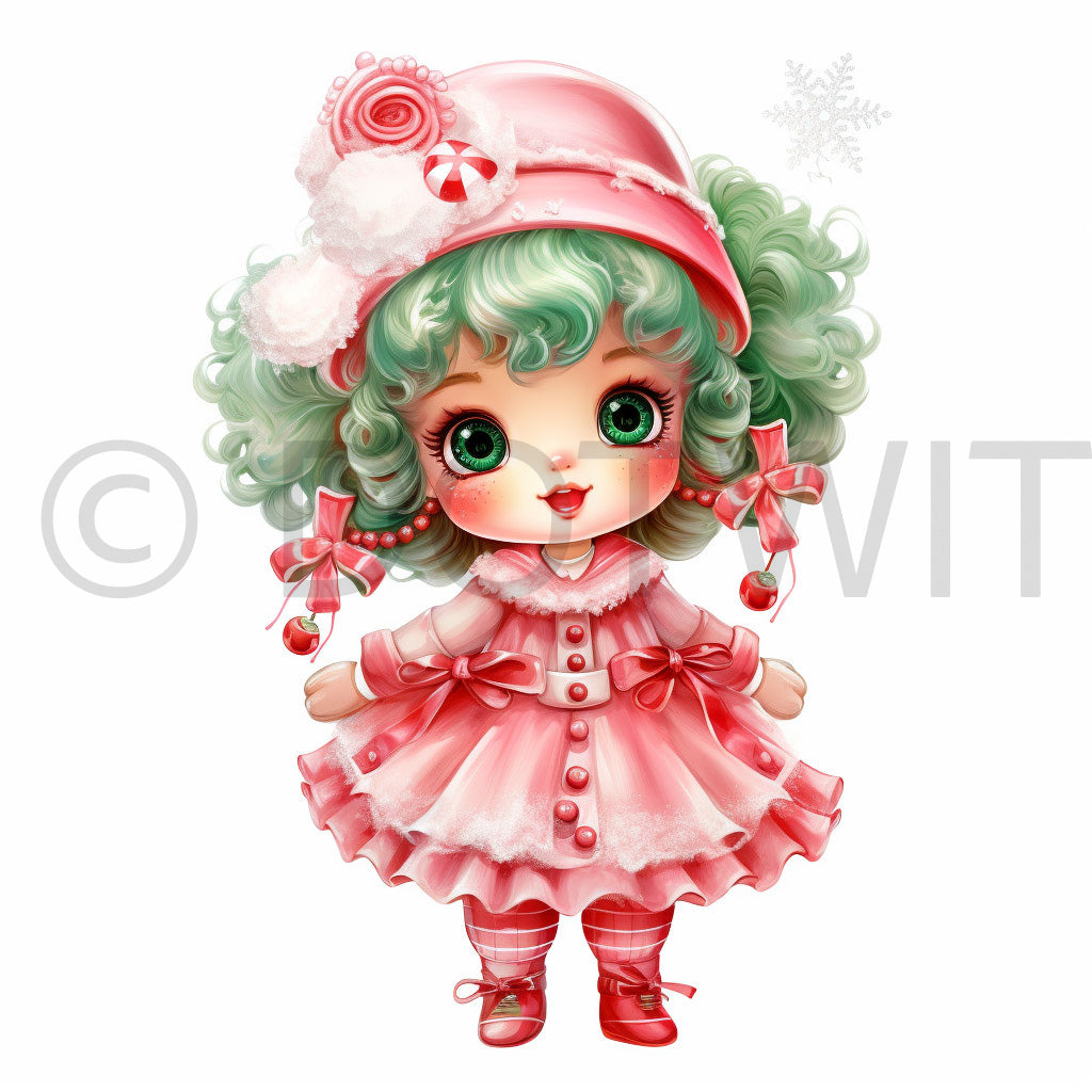 a cute candy doll Pink Vintage Christmas Clipart Digital Ephemera Midjourney Prompt Commercial Use