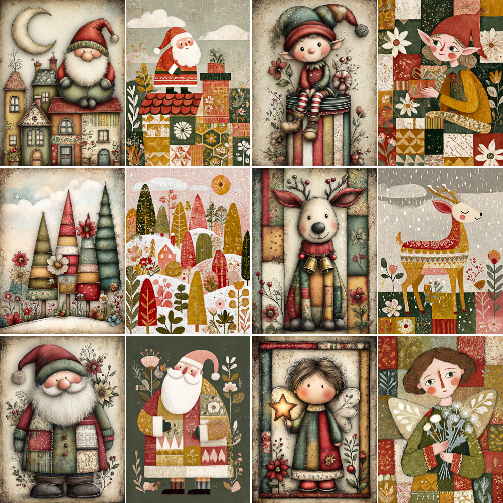 Collage of festive illustrations featuring Santa Claus, elves, reindeer, and other holiday characters in a quilt-like pattern.