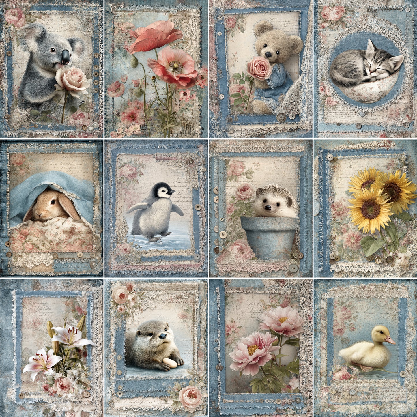 Midjourney V7 Prompts for Denim Chic Cute Animals Flowers Pages