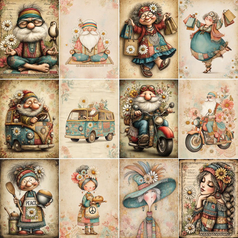 Collection of vintage-style illustrations featuring gnomes and other characters on a textured background.