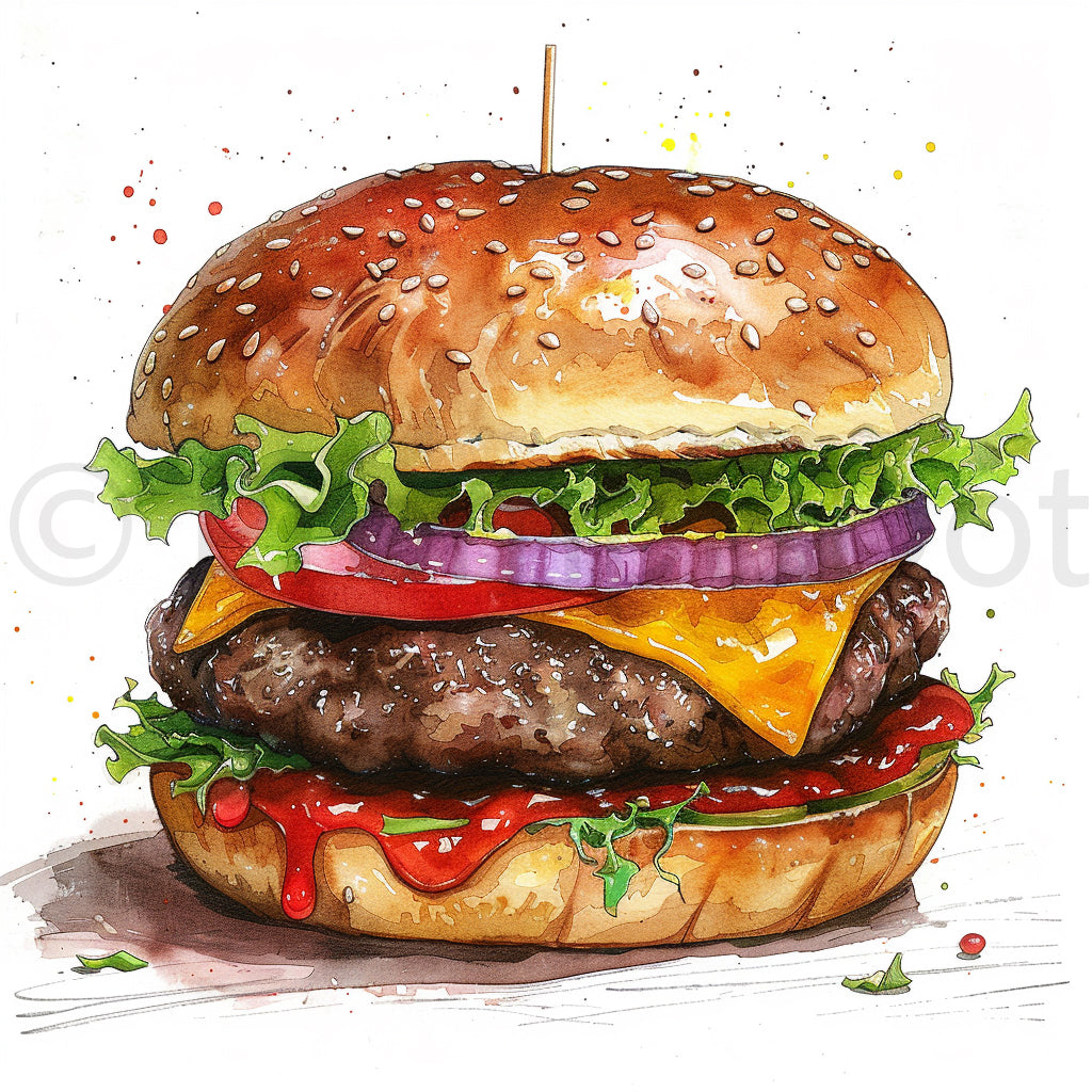 hamburger Food People And City Watercolor Midjourney Prompts