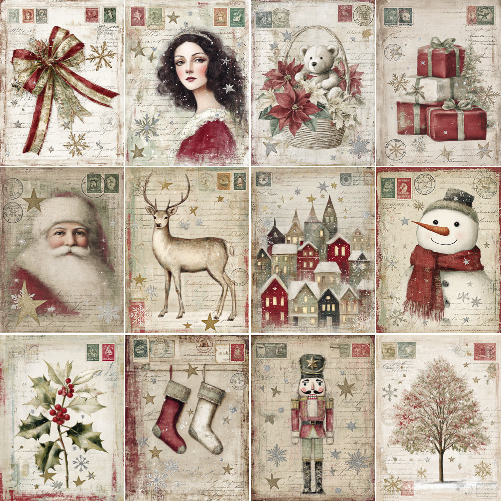 Collage of Christmas-themed illustrations including a woman, teddy bear, reindeer, and snowman.