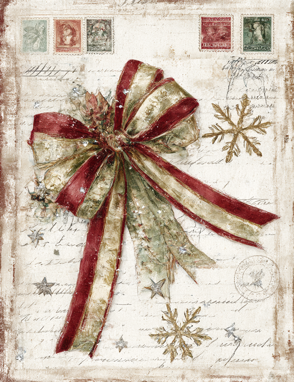 Decorative image with a large red and gold bow, snowflakes, and vintage stamps on a textured background.