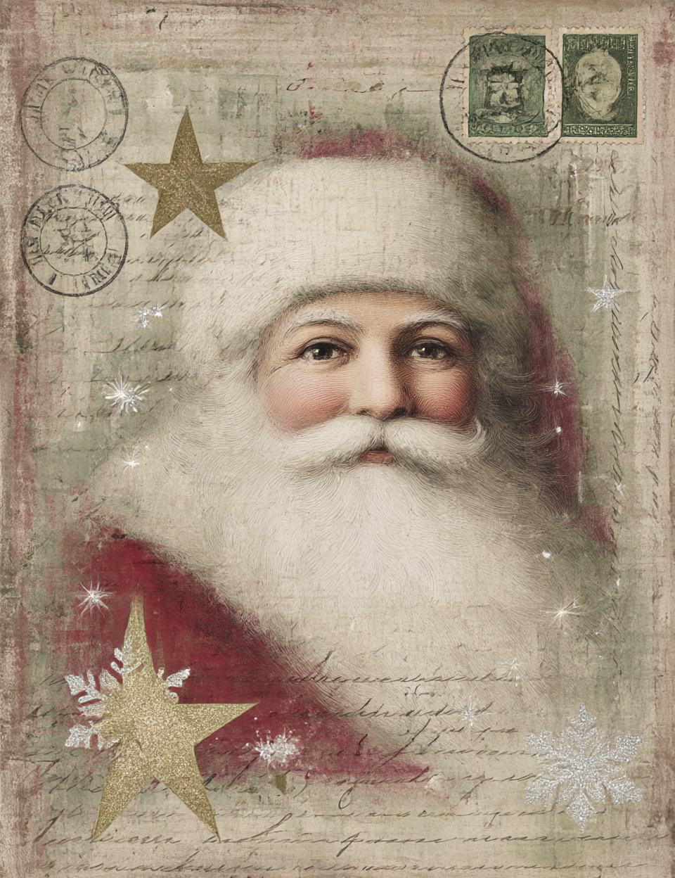 Vintage-style illustration of Santa Claus with postal stamps and stars on a textured background