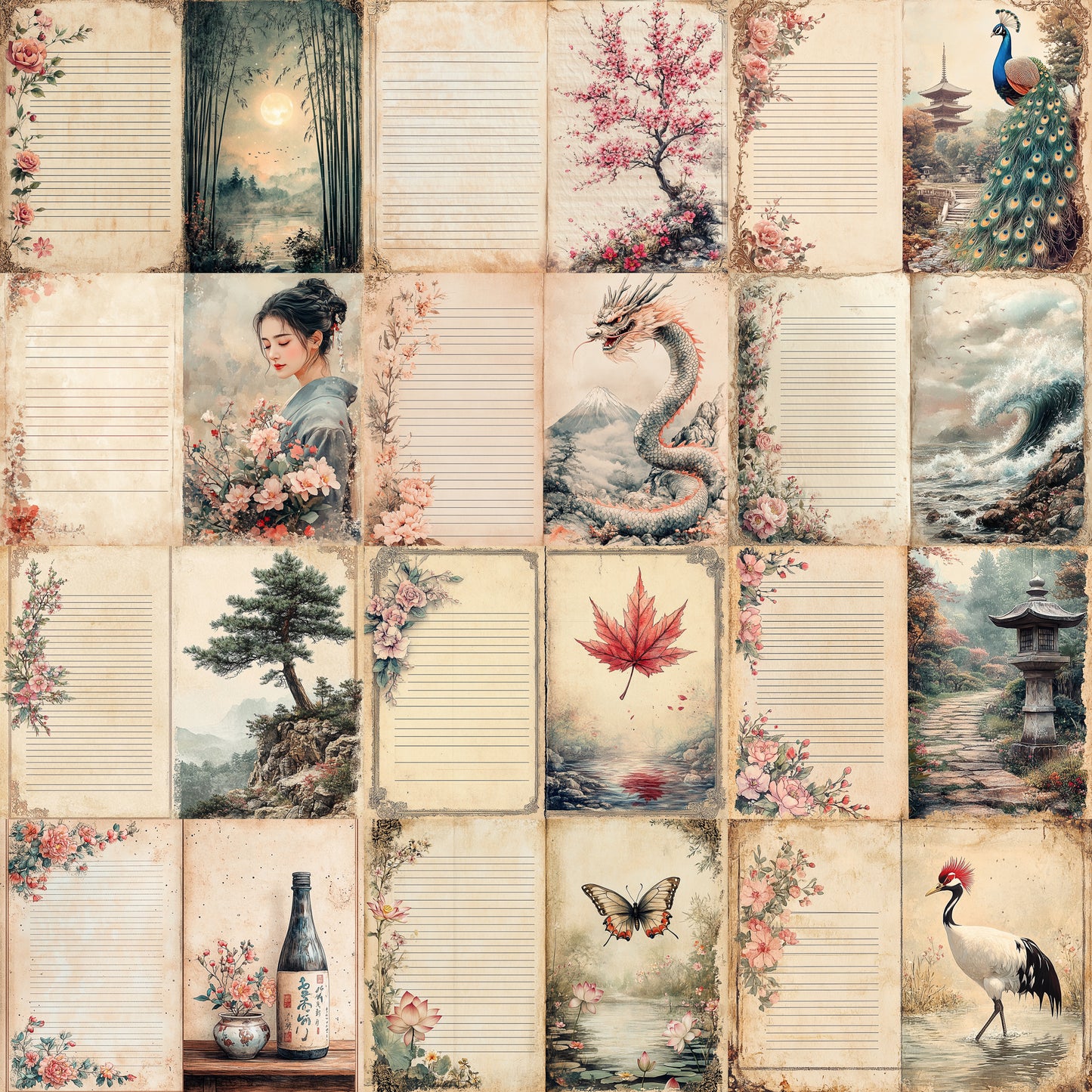 Midjourney Prompts for Lined Japanese Junk Journal Papers