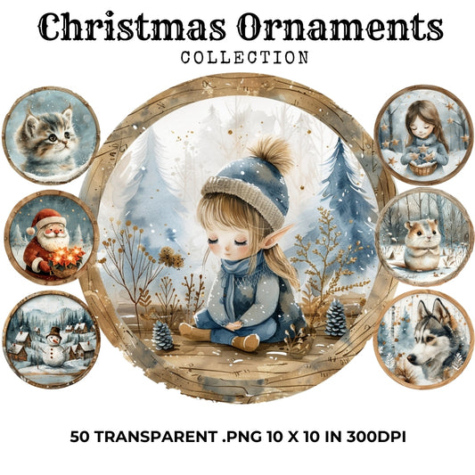 50 Christmas Ornaments Clipart Bundle PNG Commercial Use
