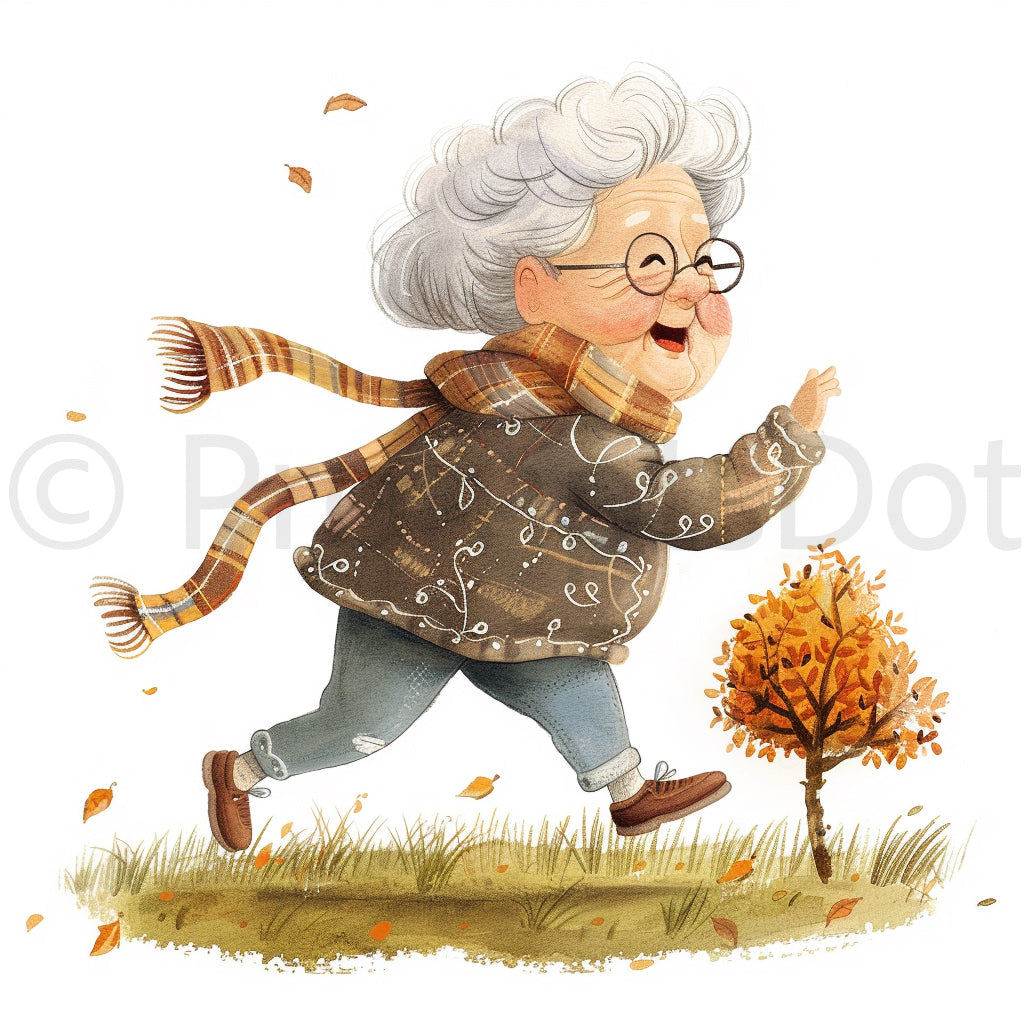 old lady running 3 In 1 Grandma Nursery Animal Watercolor Midjourney Prompts
