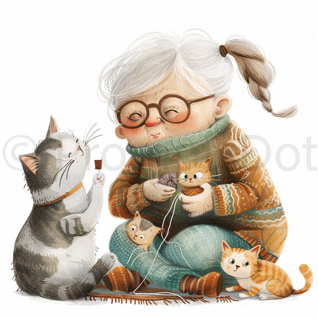 old lady with cats 3 In 1 Grandma Nursery Animal Watercolor Midjourney Prompts