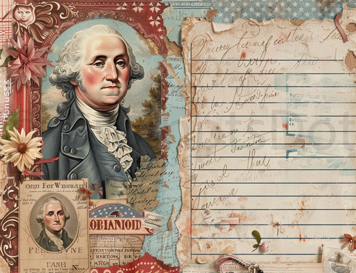 George Washington Midjourney Prompts For 4th July America Junk Journal Pages