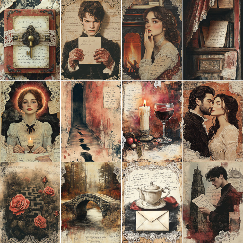Collage of vintage-style illustrations featuring romantic and intimate scenes.