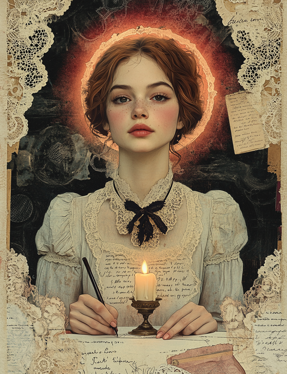 Artistic depiction of a woman writing at a desk with a candle, surrounded by lace and papers.